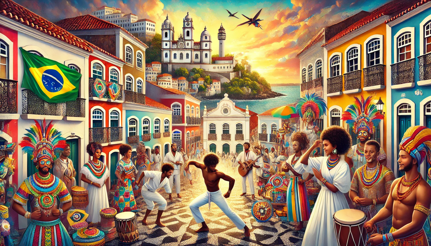 Colorful colonial buildings and Afro-Brazilian dancers in Salvador.